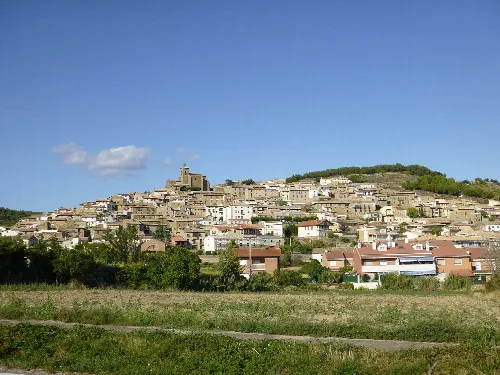 Panoramic view of Aibar with houses on the hill and a church at the top.
