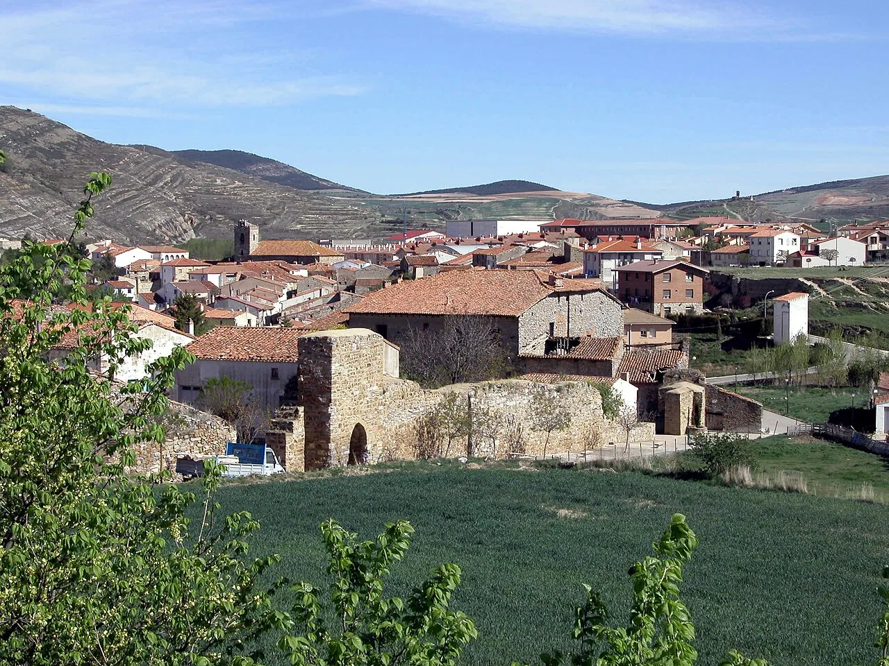 Vista panorámica del pueblo con casas y colinas en el fondo.