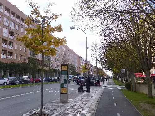 Street view with trees, buildings, and a bus stop in Barañáin.