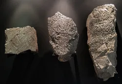 Drei Steine mit Gravuren von Kriegern und Waffen, eine mit römischer Inschrift.