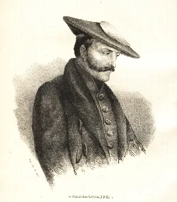 Black and white drawing of Tomás de Zumalacárregui with a hat and military uniform.