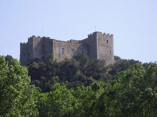Steinernes Schloss auf einem Hügel mit grünen Bäumen.