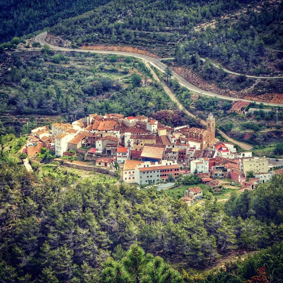 Vista panorámica de un pueblo en una zona montañosa con árboles y caminos.