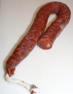 String of chorizo hanging, ready to eat.