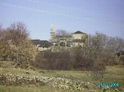 St. Colomba's church in Cobreros with trees and field in the foreground.