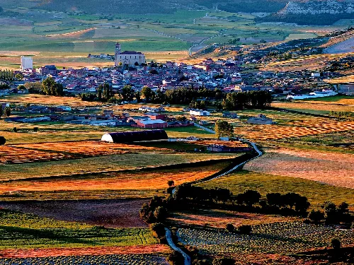 Rural landscape with fields and hills in Cevico de la Torre.