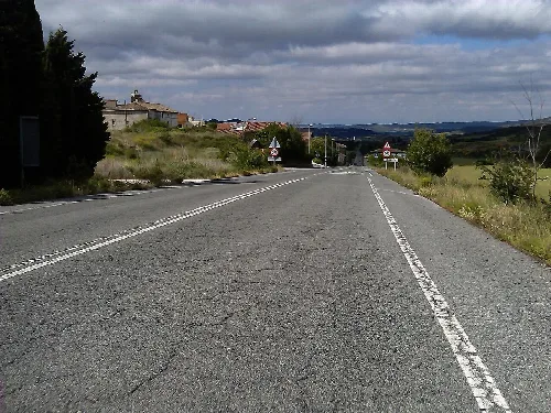 Road with white markings and houses in the distance in Navarra.