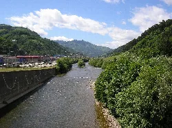 Río Caudal con vegetación a sus orillas y montañas en el fondo.