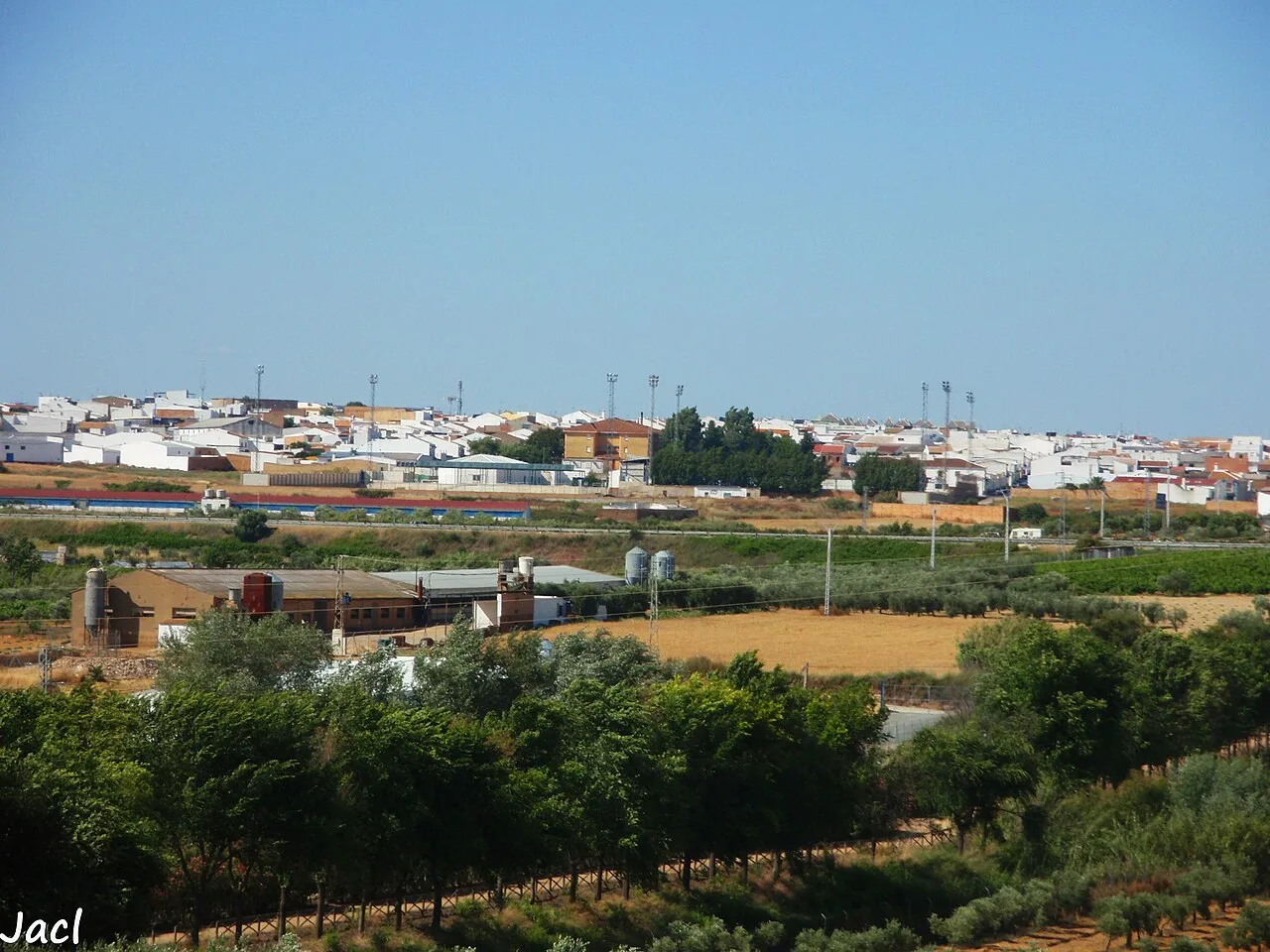 Paisaje con casas blancas y campos verdes en Bollullos Par del Condado.