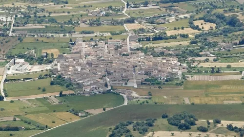 Luftaufnahme eines Dorfes mit Häusern und grünen Feldern auf Mallorca.