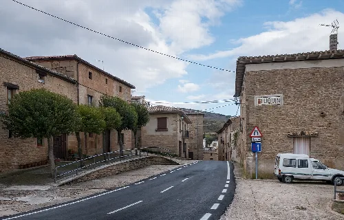 Houses and road in Luquin. Navarre, Spain