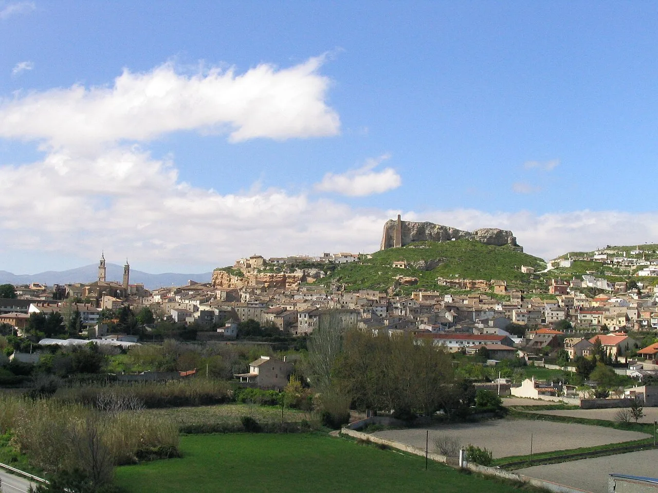 Blick auf Borja mit Burg auf dem Hügel und Stadt im Tal.