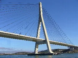 Puente moderno con cables y una torre central sobre el río Guadiana.