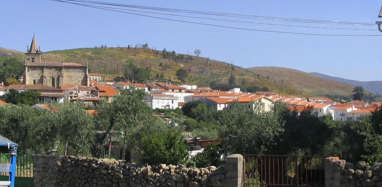 View of white houses and hills in Hoyos, Cáceres.