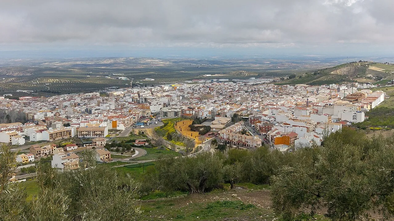 Panoramablick auf eine Stadt mit weißen Gebäuden und Straßen von einem Hügel