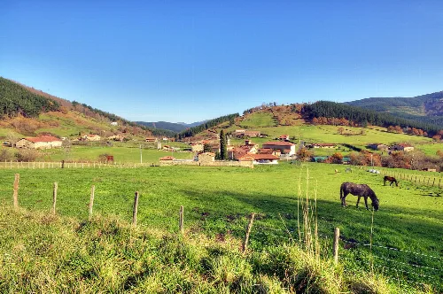 Praderas verdes con caballos y colinas en el fondo en Axpe, Atxondo.
