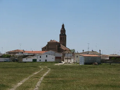 Vista de la iglesia de Palaciosrubios y la propa localidad, (Salamanca, Castilla y León, España).