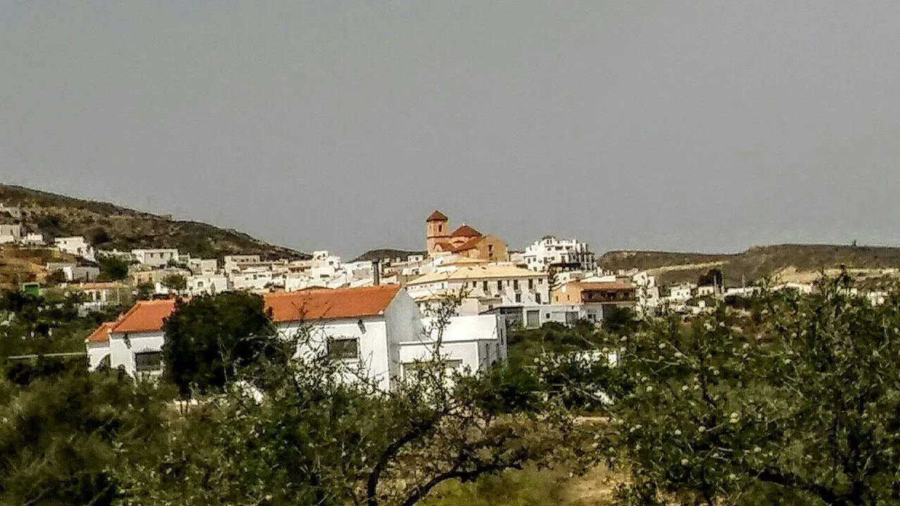 Blick auf weiße Häuser und eine Kirche im Zentrum von Lucainena de las Torres.