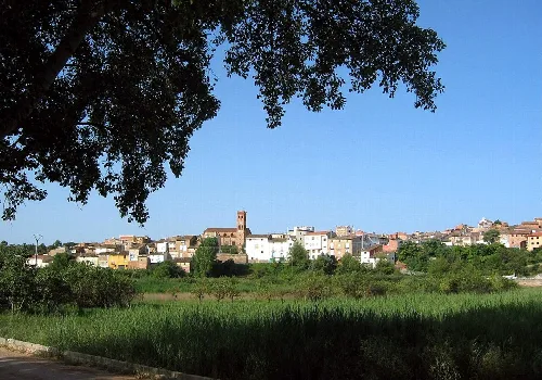 Panoramablick auf Torrebaja mit Feldern und Häusern im Hintergrund.