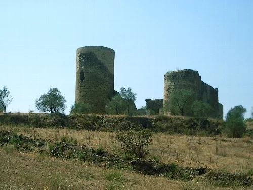 Ruinen eines alten Turms in einem Feld mit kleinen Bäumen.