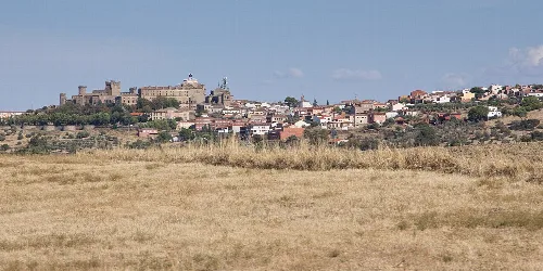 Blick auf eine Stadt mit Burg auf dem Hügel und Häusern.