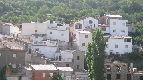 Vista de casas blancas en Bacares con vegetación y colinas verdes.