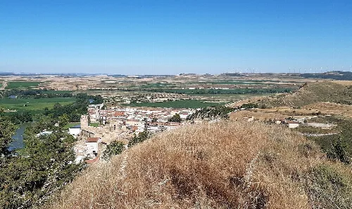 Paisaje de Miranda de Arga con edificios y campos en un día soleado.