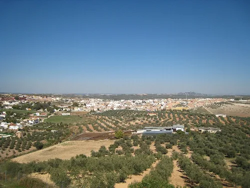 Panoramic view of Casariche from Cerro Bellido with fields and olive groves.