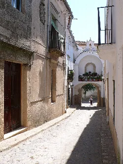 Cobbled street with white buildings and arch in Alburquerque.