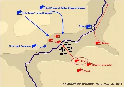 Mapa con líneas y símbolos que representan las unidades militares en el combate de Usagre.