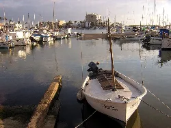 Barco de vela en el puerto de Es Portitxol con otros barcos y yates.