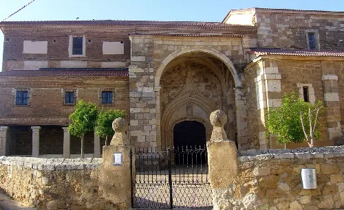 Façade of the church of St. Cecilia in Espinosa de Villagonzalo, Palencia, Spain.