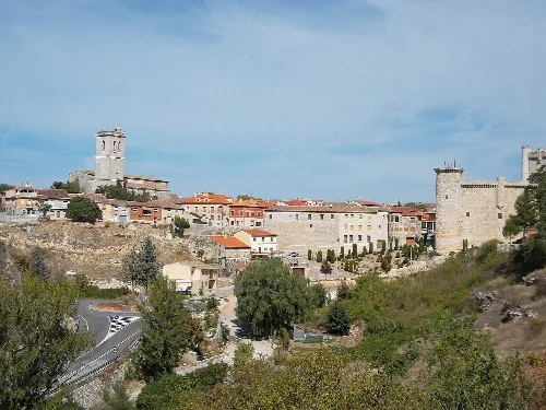 Panoramic view of Torija with castle and walls in Guadalajara.