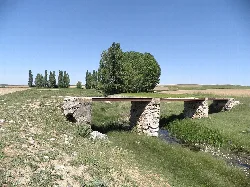 Stone bridge with three arches over a river, surrounded by vegetation and trees.
