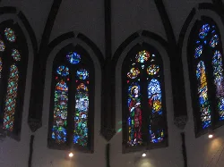 Colorful stained glass windows in the church.