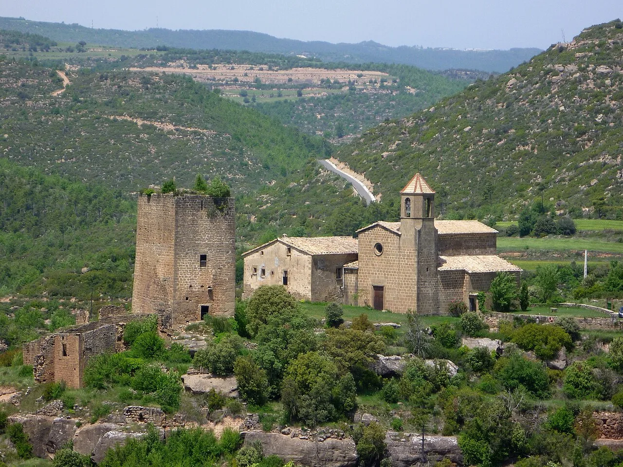 Conjunt del Castell  i Sant Martí de Riner, vist des de prop de la masia Casamartina