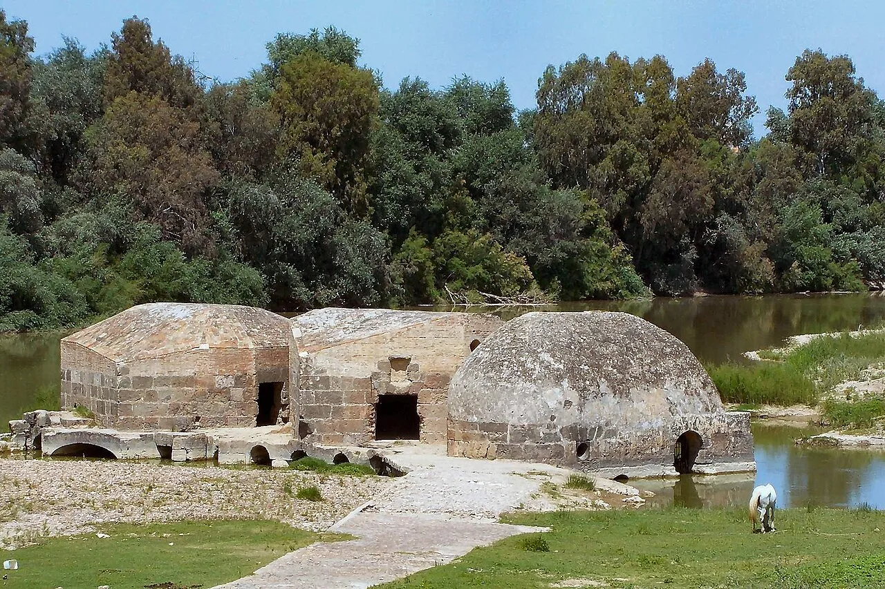 Ancient flour mills by a river, with trees and vegetation in the background.