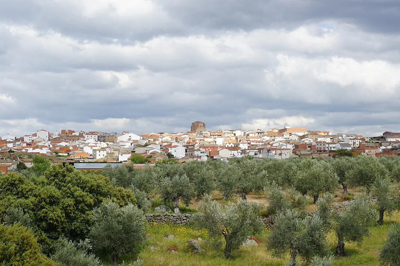 Panoramic view of Aldeanueva de Barbarroya with church in the center and olive groves.
