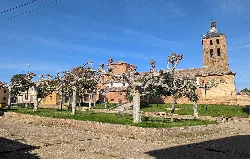 San Esteban Church and trees in the square of Calzada del Coto.