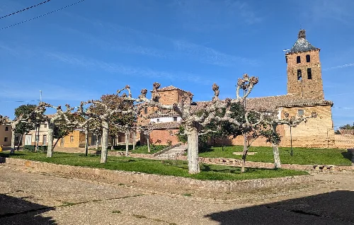 Kirche San Esteban und Bäume im Platz von Calzada del Coto.