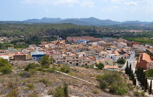 Panoramablick auf Alfara de la Baronia mit Bergen im Hintergrund.