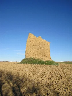 Old church tower in a field with blue sky.