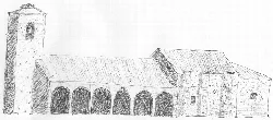 Dibujo de una iglesia con torre y arcadas en la parte frontal.
