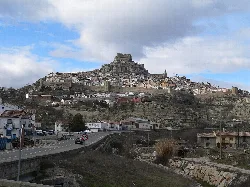 Panoramic view of Morella with its castle on the hilltop.