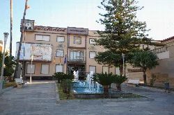 Edificio del ayuntamiento con fuente y árboles en la plaza.
