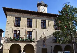 Town hall building with clock and decorated Christmas tree.