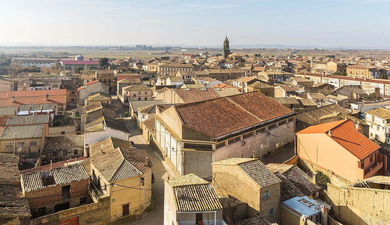 Vista de tejados y calles de Sádaba con iglesia en la distancia.