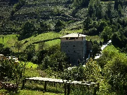 Casa-torre de Aranzibia en un entorno rural con árboles y colinas.
