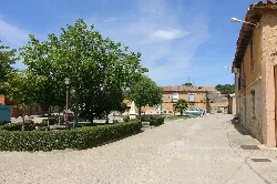 Plaza Mayor con árboles, farolas y edificios en Valverde de Campos.