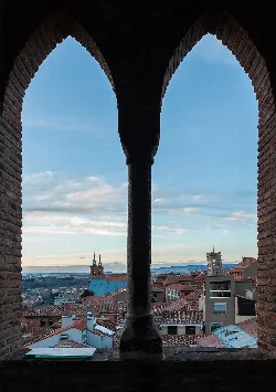 View of Teruel from a tower with brick arches.